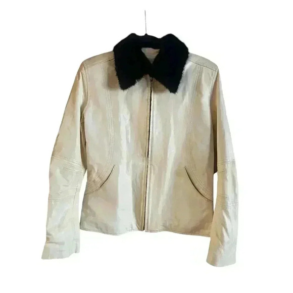 Ira Hoss Women’s 100% Leather Jacket Genuine Mink Collar Ivory Zip Up Size M - Picture 1 of 12